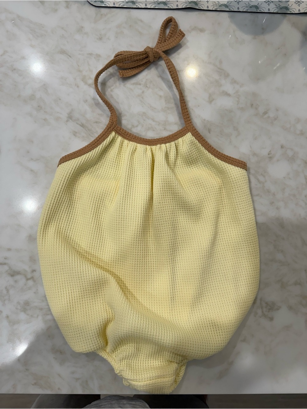 Girls Yellow Halter Romper with Brown Trim